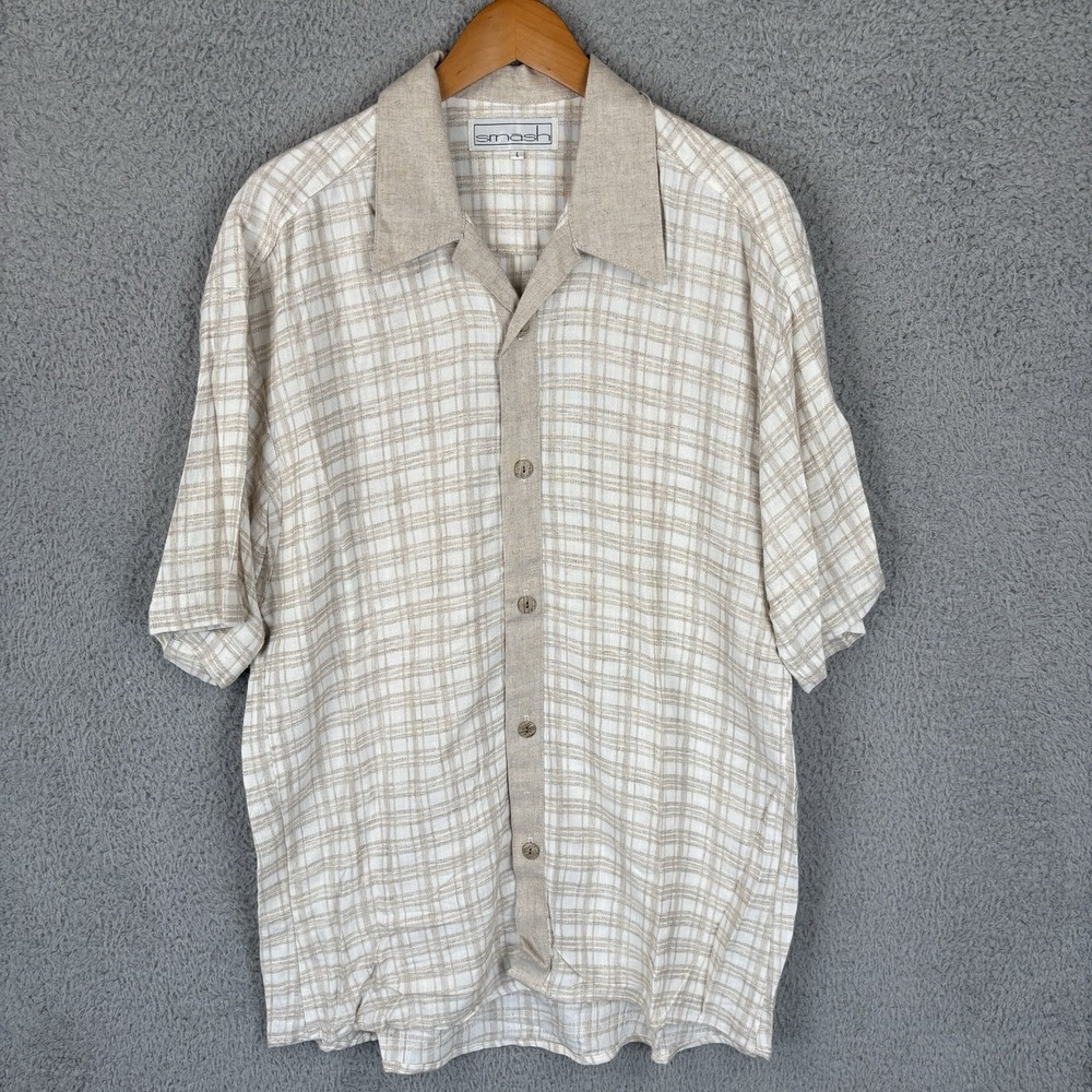 Vintage Camp Shirt Mens Large Beige Plaid Linen Rayon Beach‎ Summer